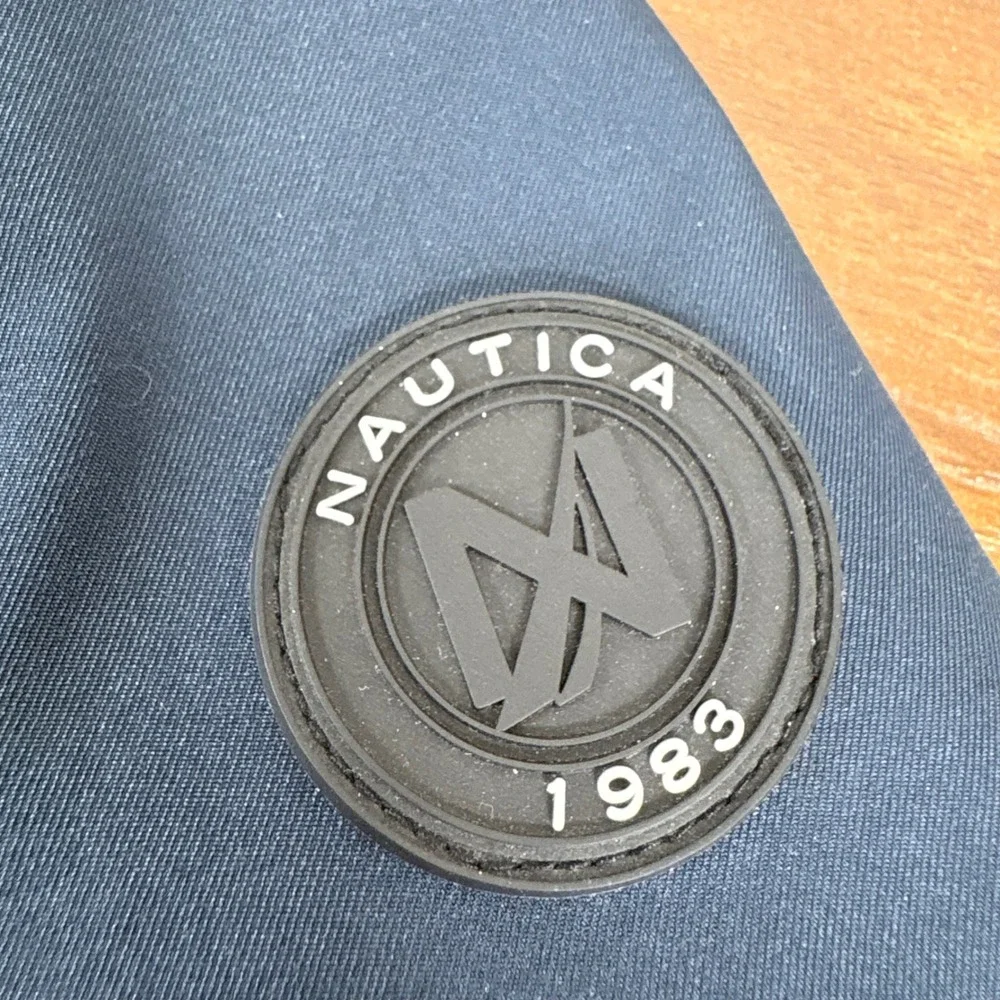 Nautica Mens Navy Blue Jacket Full Zip Hidden Hood Collar Logo Water Resistant S